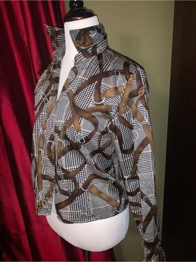 Lauren Ralph Lauren Black, White & Brown Houndstooth Horsebit Print Top